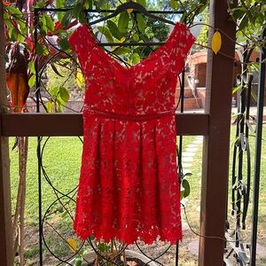 Off shoulder red, lace dress